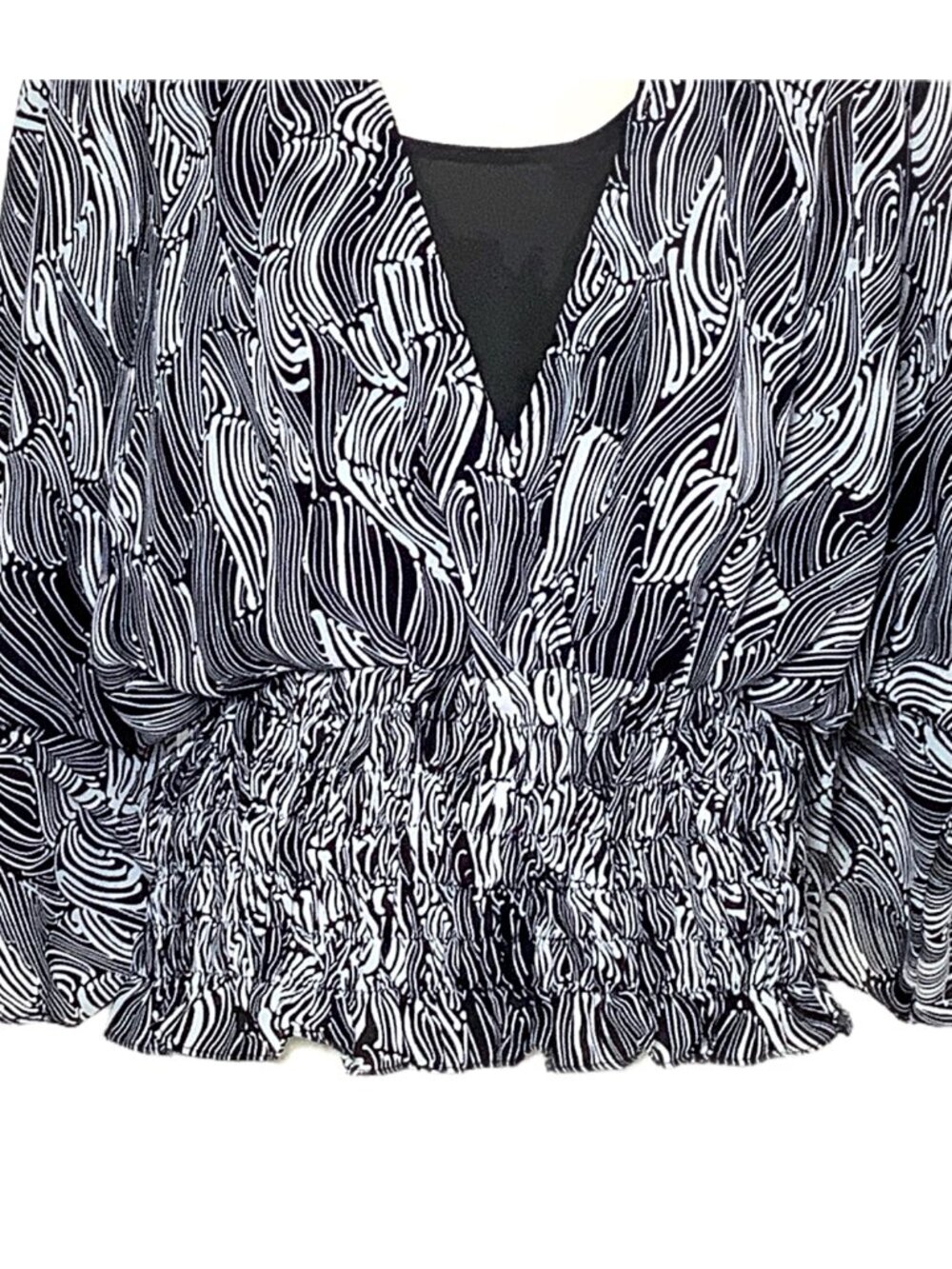 Allison Taylor L Top Blouse Tank Drop Waist Shirred Black White Abstract Ruffle - Picture 4 of 12